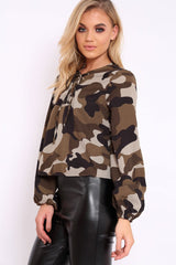 Camo Lace Up Front Blouse - Zion-Shirts