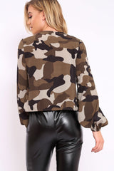Camo Lace Up Front Blouse - Zion-Shirts