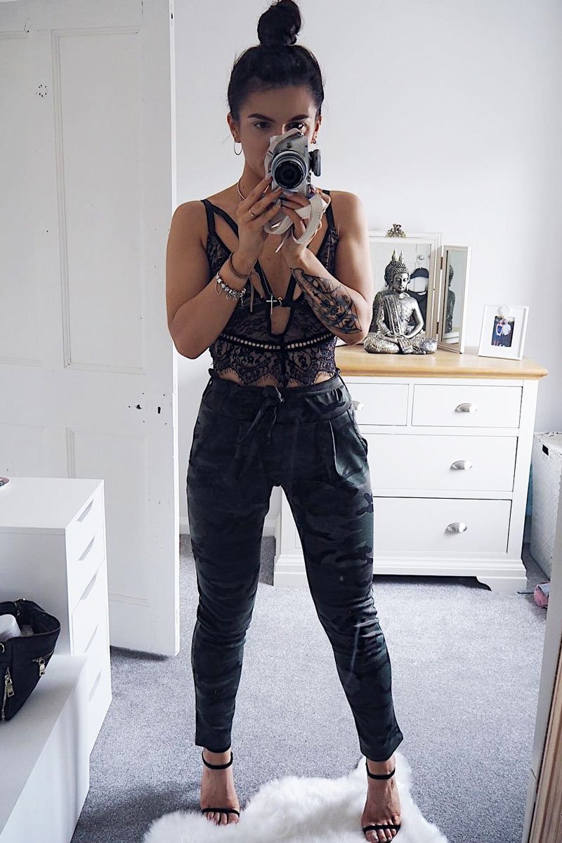 Camo Paper Bag Tie Waist Cigarette Trousers - Karmen-Trousers