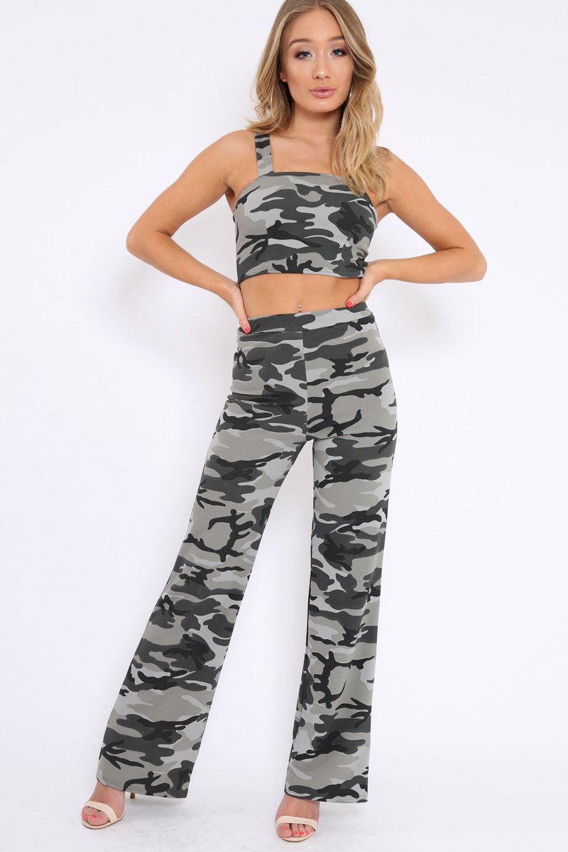 Camo Print Crop Top and Trousers Co-ord Set - Kimmy-Co-ords