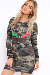 Camo Slogan Hooded Dress - Ramona-Dresses