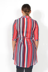 Candy Red Sheer Stripe Tie Waist Shirt-Shirts