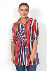 Candy Red Sheer Stripe Tie Waist Shirt-Shirts