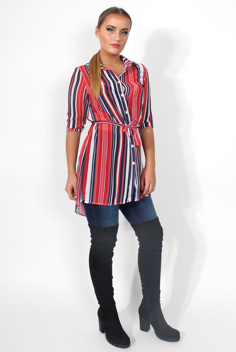 Candy Red Sheer Stripe Tie Waist Shirt-Shirts
