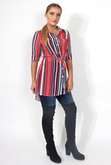 Candy Red Sheer Stripe Tie Waist Shirt-Shirts