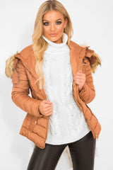 Caramel Faux Fur Hood Gold Detail Puffer Coat - Rylah-Coats