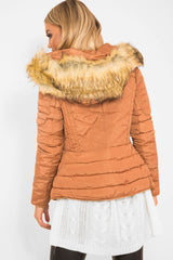 Caramel Faux Fur Hood Gold Detail Puffer Coat - Rylah-Coats