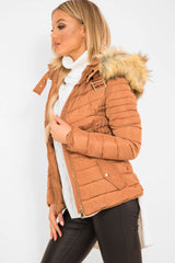 Caramel Faux Fur Hood Gold Detail Puffer Coat - Rylah-Coats