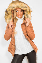 Caramel Faux Fur Hood Gold Detail Puffer Coat - Rylah-Coats