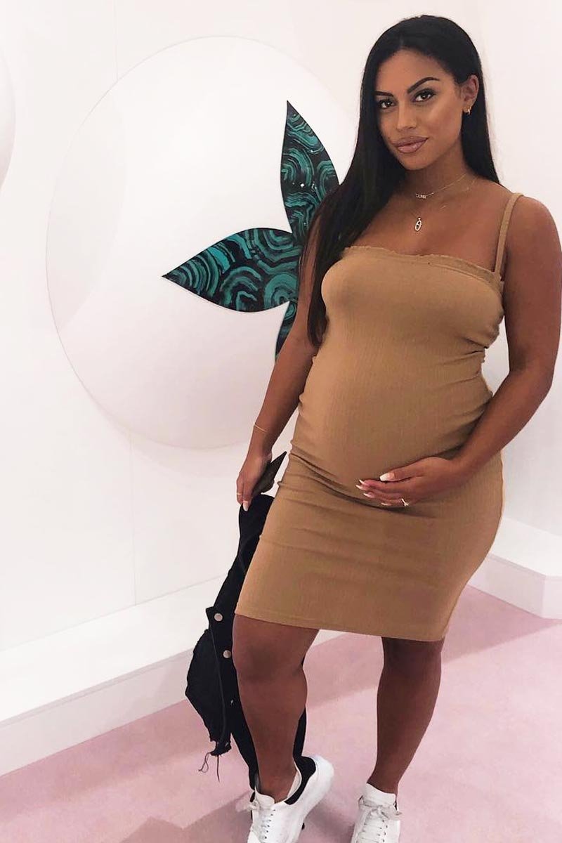 Caramel Ribbed Frill Edge Midi Dress - Aalani-Dresses