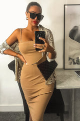 Caramel Ribbed Frill Edge Midi Dress - Aalani-Dresses