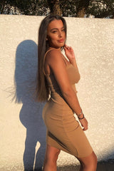 Caramel Ribbed Frill Edge Midi Dress - Aalani-Dresses