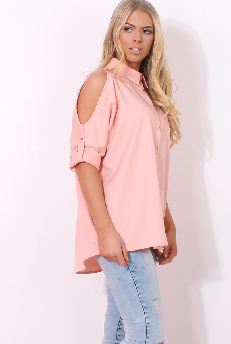 Carmel Pink Cut out Shoulder Top-Tops