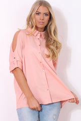 Carmel Pink Cut out Shoulder Top-Tops
