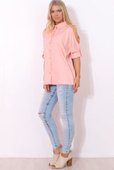 Carmel Pink Cut out Shoulder Top-Tops