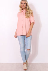 Carmel Pink Cut out Shoulder Top-Tops