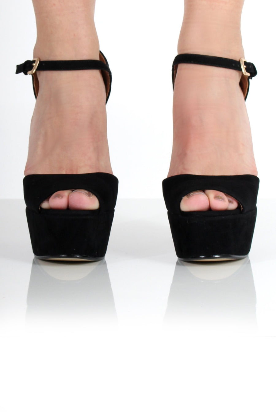 Carmela Black Suede Peep Toe Heels-Heels