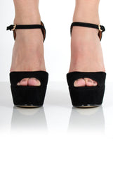 Carmela Black Suede Peep Toe Heels-Heels