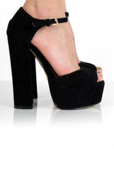 Carmela Black Suede Peep Toe Heels-Heels