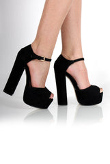 Carmela Black Suede Peep Toe Heels-Heels