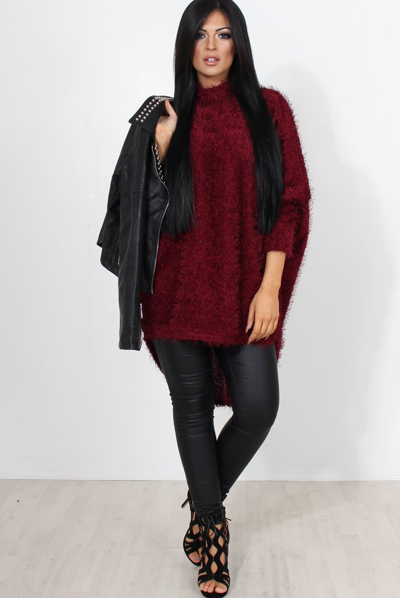 Carrie Wine Drooped Back Knitted Jumper-Knitwear