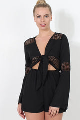 Carson Black Crochet Detail Playsuit-Playsuits
