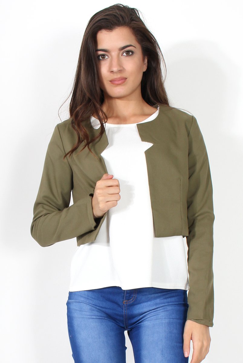 Cat Khaki Crop Jacket-Jackets