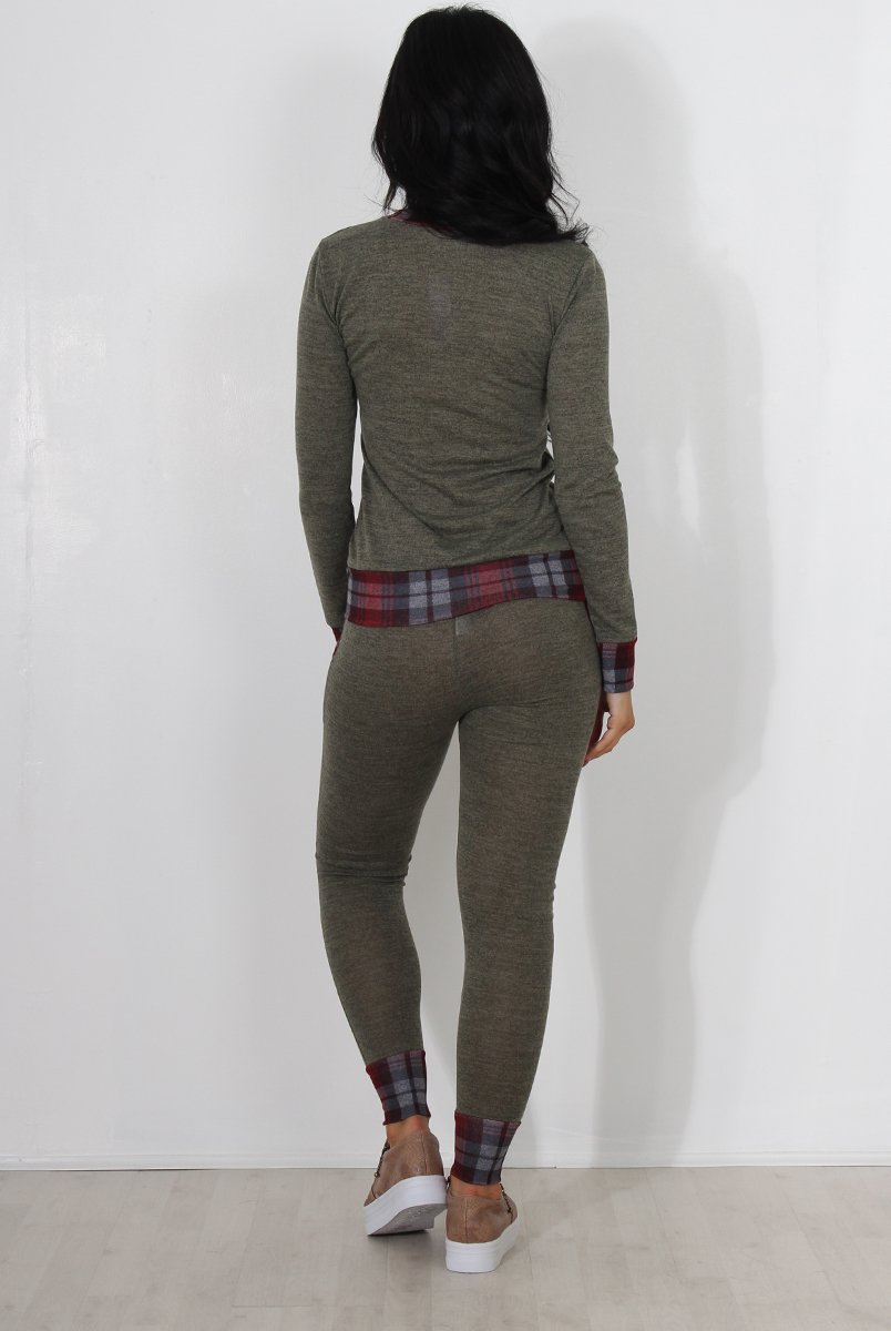 Cathie Khaki Tartan Trim Loungewear-Loungewear