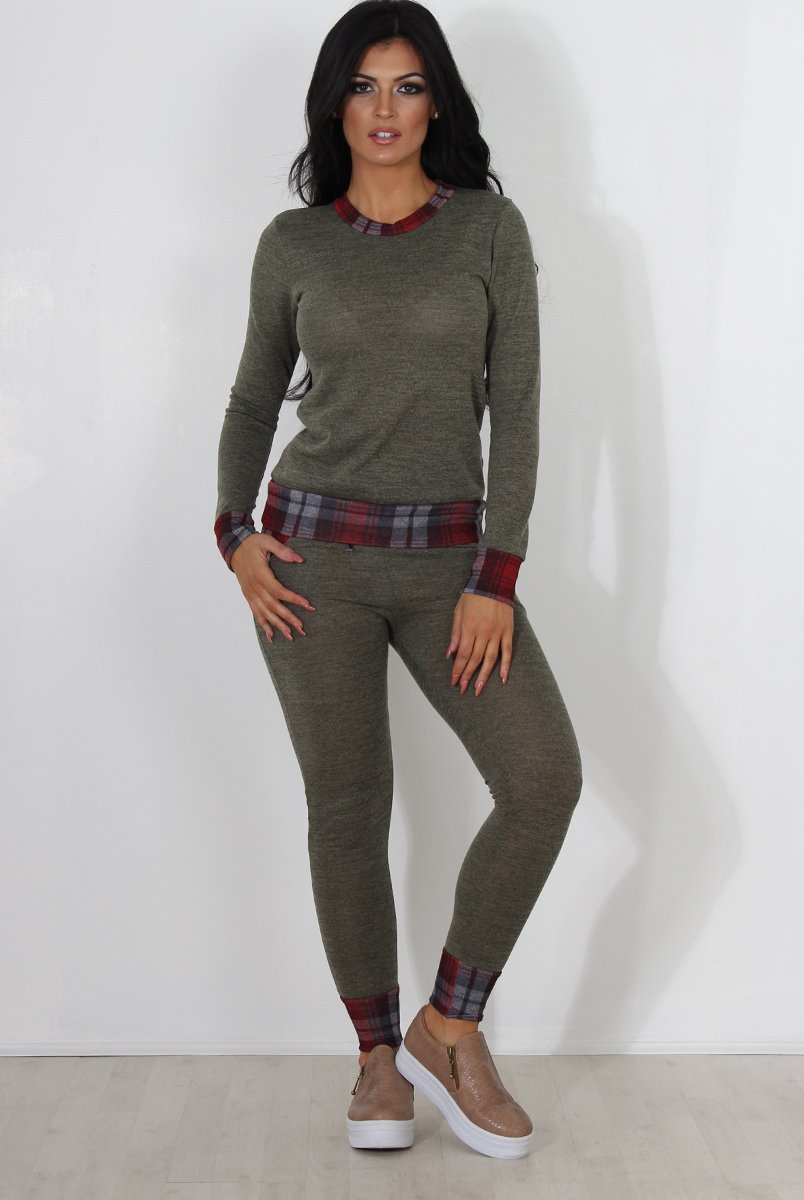 Cathie Khaki Tartan Trim Loungewear-Loungewear