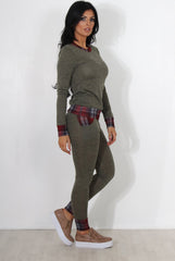 Cathie Khaki Tartan Trim Loungewear-Loungewear