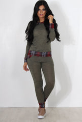 Cathie Khaki Tartan Trim Loungewear-Loungewear
