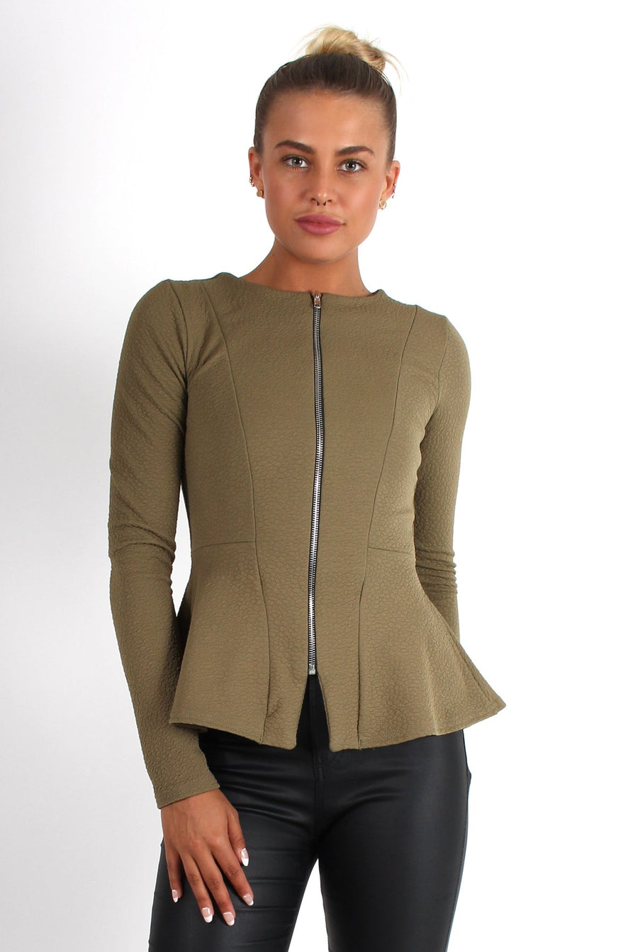 Cayla Kkaki Textured Peplum Jacket-Jackets