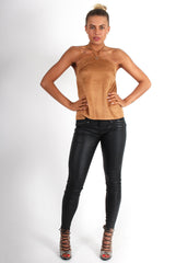 Cece Tan Suede Halter Neck Top-Tops