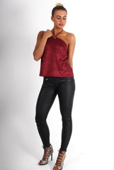 Cece Wine Suede Halter Neck Top-Tops