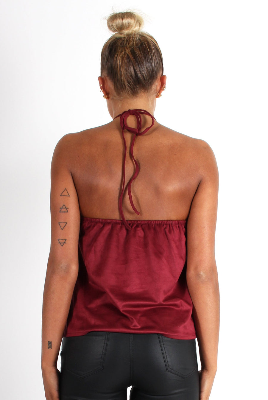 Cece Wine Suede Halter Neck Top-Tops