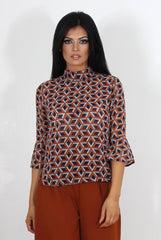Celest Navy & Rust Print Top-Tops