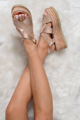 Champagne Metallic Ankle Strap Wedges -zeidy-Wedges