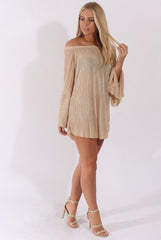 Champagne Metallic Bardot Pleated Bell Sleeves Dress - Lilja-Dresses