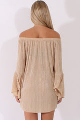 Champagne Metallic Bardot Pleated Bell Sleeves Dress - Lilja-Dresses