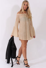 Champagne Metallic Bardot Pleated Bell Sleeves Dress - Lilja-Dresses