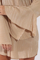 Champagne Metallic Bardot Pleated Bell Sleeves Dress - Lilja-Dresses