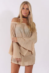 Champagne Metallic Bardot Pleated Bell Sleeves Dress - Lilja-Dresses