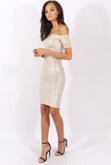Champagne Metallic Pleated Bardot V Front Midi Dress - Lucia-Dresses