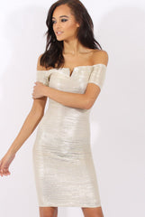 Champagne Metallic Pleated Bardot V Front Midi Dress - Lucia-Dresses