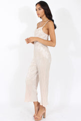 Champagne Metallic Pleated Cropped Jumpsuit - Arabella-Jumpsuits