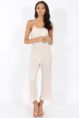 Champagne Metallic Pleated Cropped Jumpsuit - Arabella-Jumpsuits