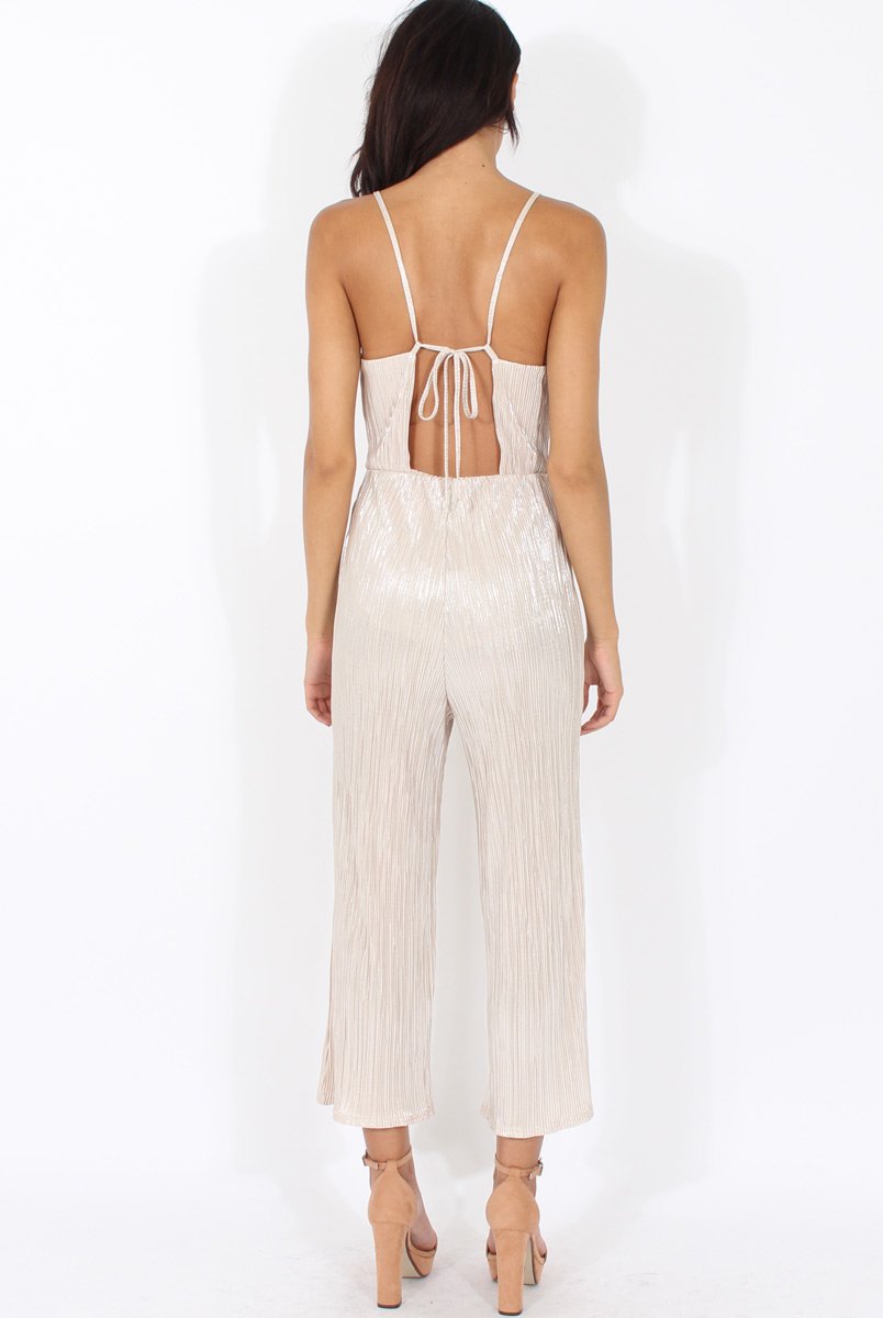 Champagne Metallic Pleated Cropped Jumpsuit - Arabella-Jumpsuits