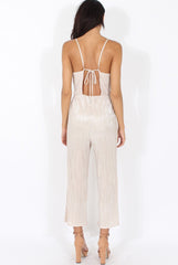 Champagne Metallic Pleated Cropped Jumpsuit - Arabella-Jumpsuits
