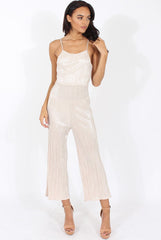 Champagne Metallic Pleated Cropped Jumpsuit - Arabella-Jumpsuits