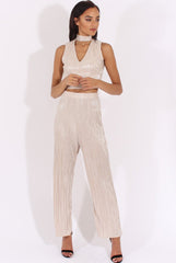 Champagne Metallic Pleated High Waisted Trousers - Phoebe-Trousers
